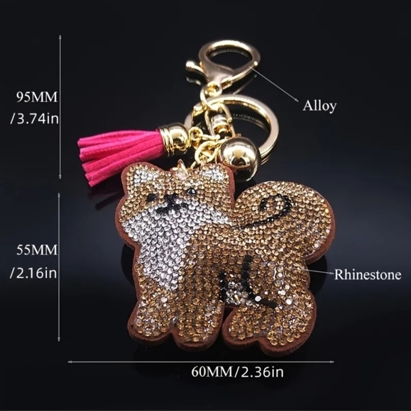 Bling Shibu Dog Crystal Rhinestone Keychain Bag Charm With Pink Tassel - Picture 14 of 15